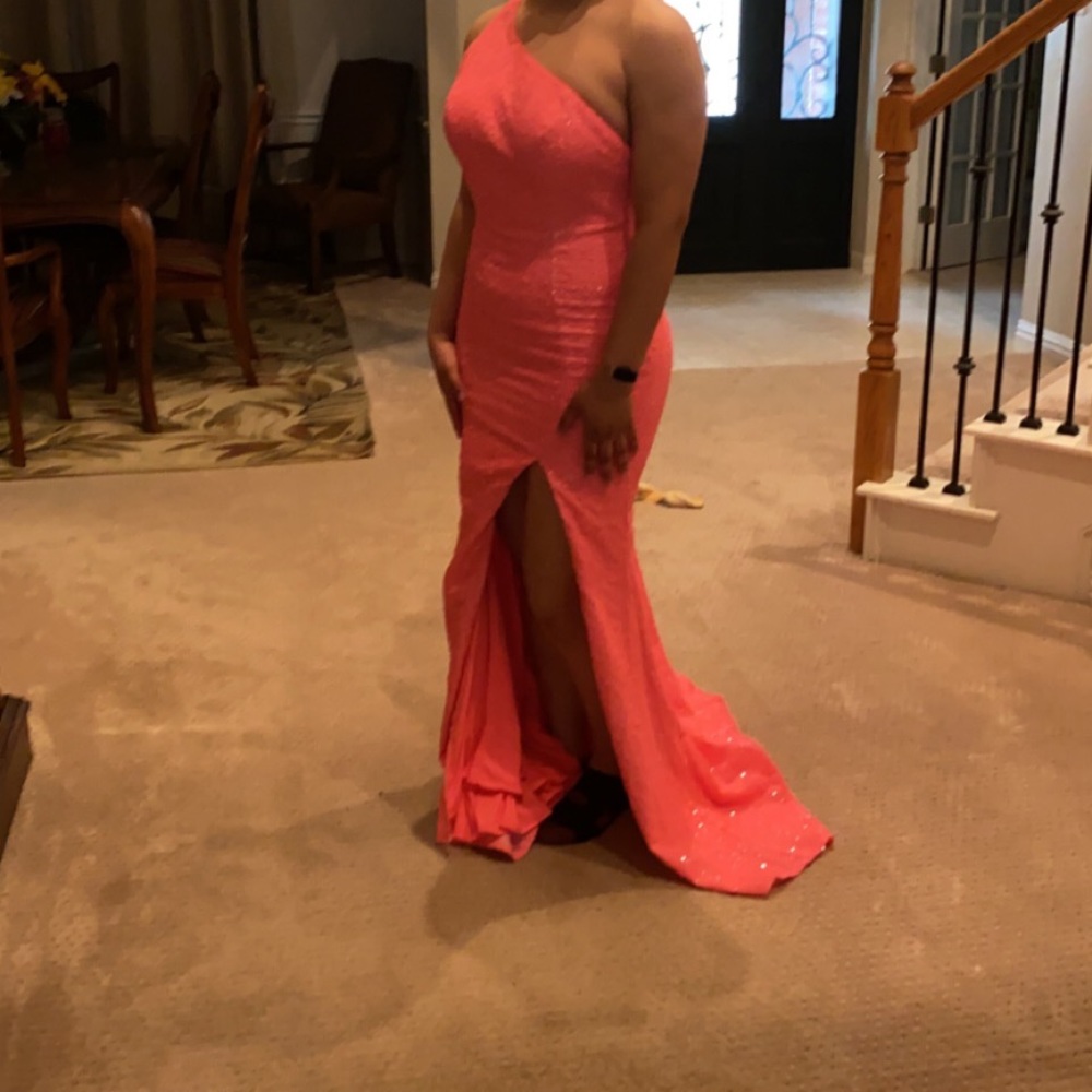 BRAND NEW neon pink PromGirl formal gown. Mermaid fit, one shoulder. Size six